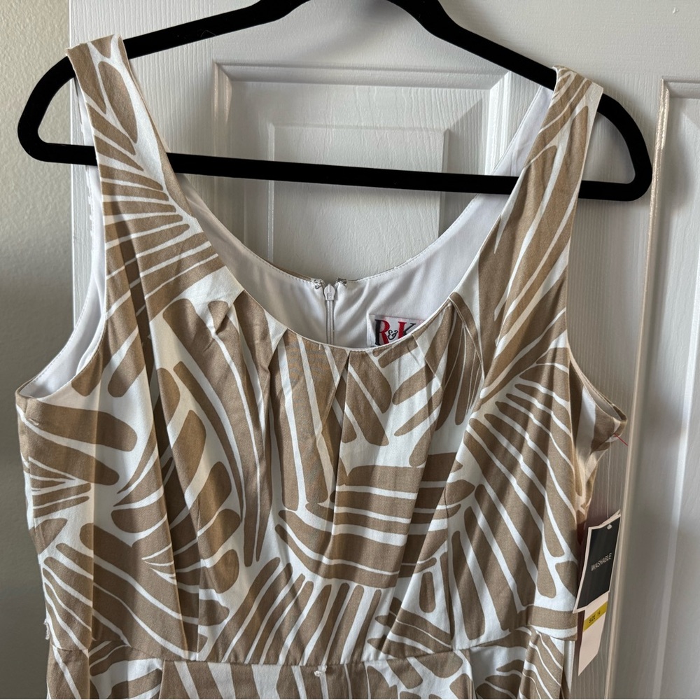 R & K original dress, 14, tan/white leaf pattern, sleeveless, zip back, NWT - Picture 4 of 6